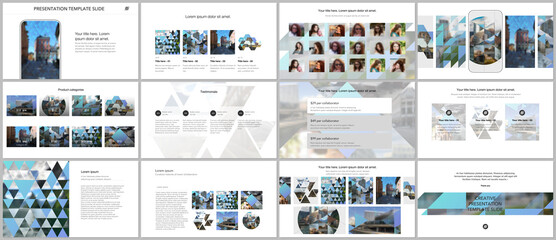 Sticker - Vector templates for website design, presentations, portfolio. Templates with triangles, triangular pattern for presentation slides, flyer, leaflet, brochure cover. Backgrounds with place for photo.