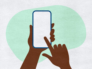 hands holding a phone and finger touch screen on a colourful paper background