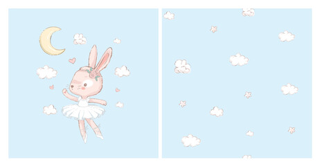 Wall Mural - Seamless pattern with the white clouds and stars. Dancing rabbit in the background, moon and stars in the background. Can be used for baby t-shirt print, kids fashion design, baby shower card