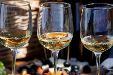 Close up of glass with white wine in the vineyard