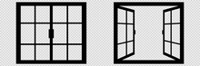 Closed And Open Window On Transparent Background. Isolated Thin Window In Black Color. Silhouette Of Empty Rectangular Border. Classic Concept Of Interior. Vector Illustration. EPS 10.