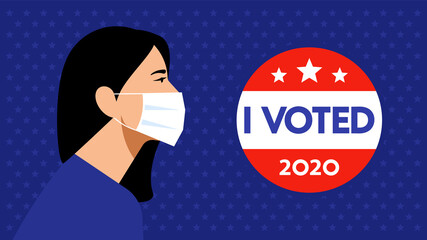 Canvas Print - I VOTED. Presidential elections 2020 in USA. White Woman in protective medicine mask and 