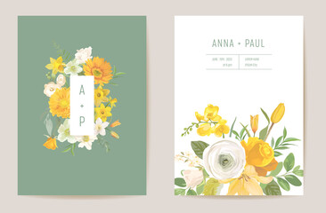 Poster - Wedding spring flowers invitation card, floral yellow vector frame. Watercolor template botanical Save the Date