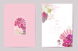 Wedding tropical floral vector card, dry tropic flowers, dried palm leaves invitation. Watercolor orchid template