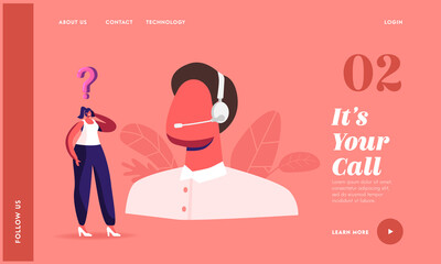 Wall Mural - operator in headset working on hotline help client landing page template. female character with mobi