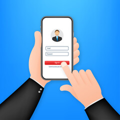Poster - Sign in to account, user authorization, login authentication page concept. Smartphone with login and password form page on screen. Vector stock illustration