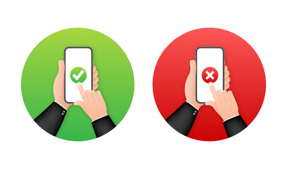Poster - Hands holding smartphones with checkmarks set. Tick and cross check marks. Vector stock illustration.