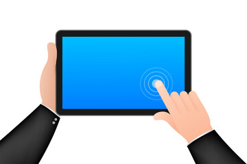 Poster - Screen computer monitor. Digital communication. Hand touch screen smartphone icon. Hand click icon. Vector stock illustration.