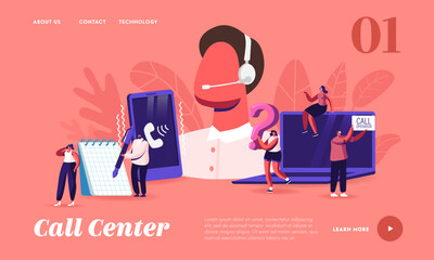 Wall Mural - call center landing page template. customer service staff in headset work on computer. operator and 
