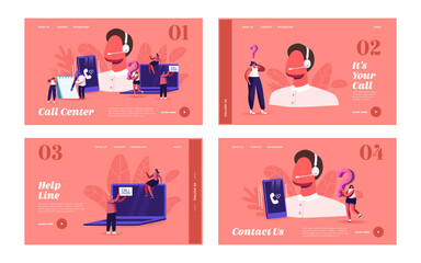 Wall Mural - call center landing page template set. customer service staff in headset work on computer. operator 
