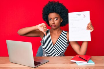 Poster - Young african american woman showing a failed exam with angry face, negative sign showing dislike with thumbs down, rejection concept