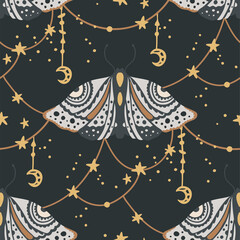 Wall Mural - moth, moon and star vector seamless pattern. night butterfly nature illustration. boho insect backgr