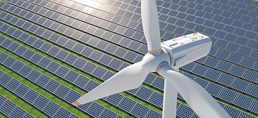 spectacular aerial shot of a windmill with a solar park in the background.