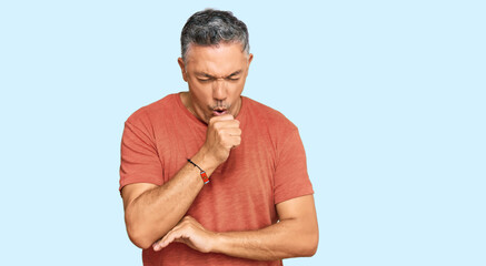 Sticker - Handsome middle age man wearing casual clothes feeling unwell and coughing as symptom for cold or bronchitis. health care concept.