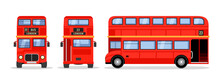 London Double Decker Red Bus Cartoon Illustration, English UK British Tour Front Side Isolated Flat Bus Icon