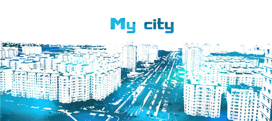 Wall Mural - Blue City. There are many houses on the street. Vector illustration