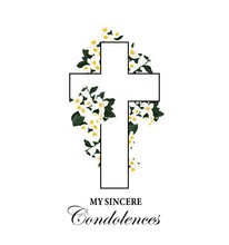 Funeral Vector Card With Cross And White Mourning Flowers, My Sincere Condolences Typography. Vintage Card With Christianity Crucifixion Symbol, Obituary Poster With Blossoms, Exequies Funereal Card