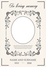 Funeral Card Vector Template With Oval Frame For Photo, Condolence Rose Flowers, Leaves Flourishes, Place For Name, Birth And Death Dates. Obituary Memorial, Funereal Card, In Loving Memory Typography