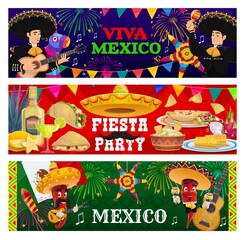 Wall Mural - Viva Mexico, fiesta party vector banners. Mariachi musicians, jalapeno chili peppers in sombrero playing guitar. Mexican guacamole, nachos with corn, tequila and lime with pinata. Cinco de Mayo fest