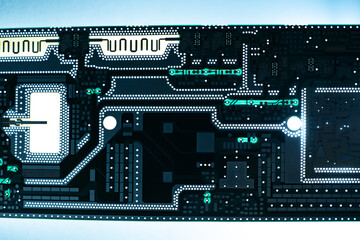 Aufkleber - Circuit board pattern. Blank for a printed circuit board. Circuit board pattern in black. PCB on a blue background. PCB with many holes. Pattern on the theme of electronics. Microboard close up