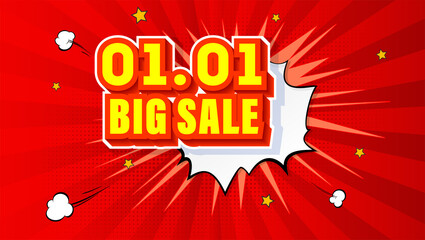 Poster - Shopping Day 01.11 Global Big Sale of the year. Expressive volumetric text. Pop art background with comic speech bubble. Vector 3d illustration