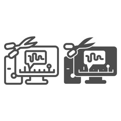 Poster - Cut audio in computer line and solid icon, Sound design concept, Sound editor software sign on white background, computer with audio program and scissors icon in outline style. Vector graphics.