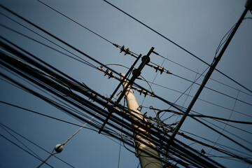 power lines on a sky. cable electricity in the pole