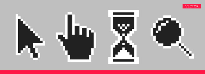 Leinwandbilder - Black and white arrow, hand, magnifier and hourglass pixel mouse cursor icons vector illustration set flat style design isolated on gray background.