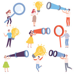 Poster - People Characters Holding Big Objects Like Light Bulb and Magnifying Glass Vector Illustration Set