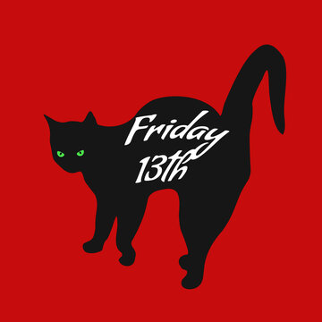 Black cat with inscription on back Friday the 13th on red background, vector eps 10
