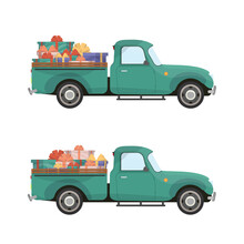 Green Pickup. Vintage Pickup Truck With Gifts In The Trunk. Retro Christmas Car. Suitable For The New Years Theme. Vector.
