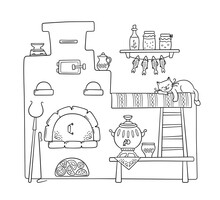 Traditional Old Russian Stove With Bench, Samovar, Grip, Pots, Jug And Sleep Cat. Vector Hand Drawn Illustration Of Symbol Of Russian Culture