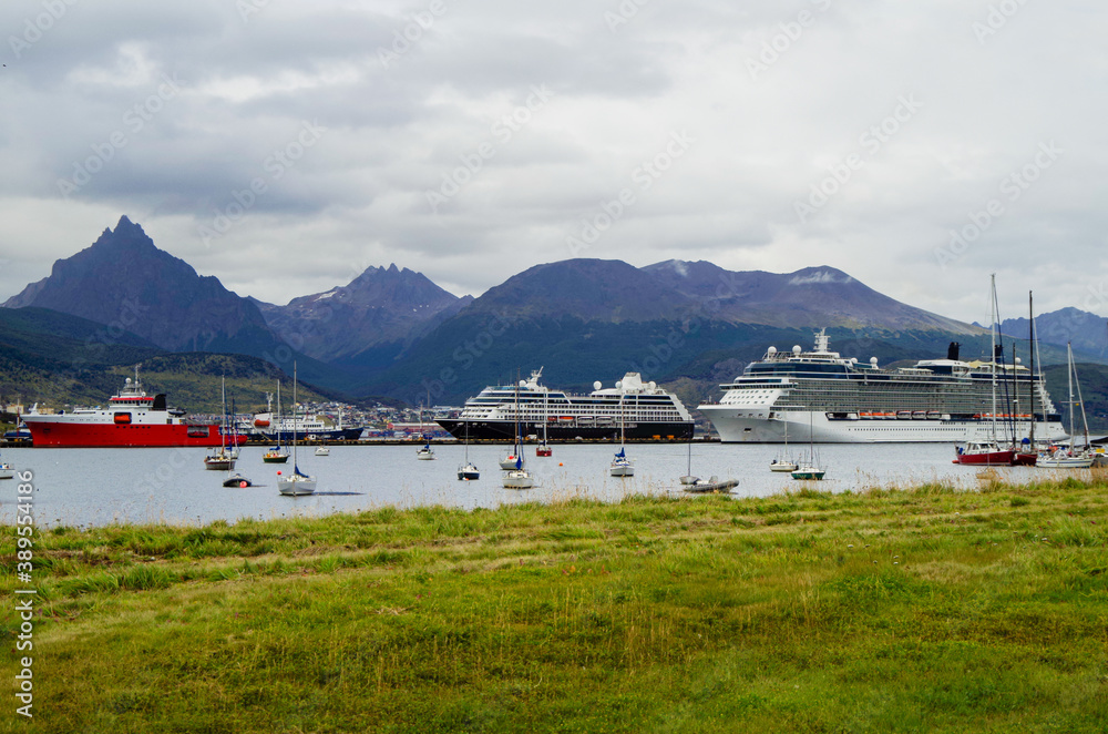 Ship Range Modern cruise ship, cruiseship liner or expedition vessel ship in port ...