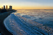 Frosty morning on the Amur river. Ice floating. Khabarovsk embankment. Far East, Russia.