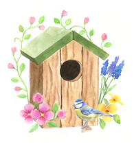 Birdhouse With Flowers And Tit On A White Background. Hand-drawn Watercolor Illustration.