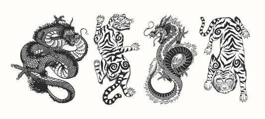 Wall Mural - Japanese dragon. Asian Japanese tiger. Mythological animal or traditional reptile. Symbol for tattoo or label. Engraved hand drawn line art Vintage old monochrome sketch, ink. Vector illustration.