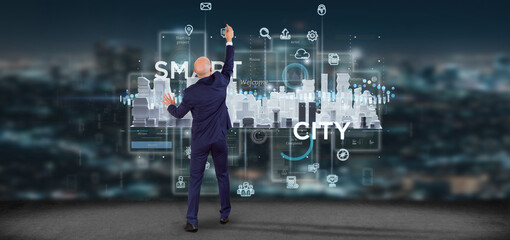 Poster - businessman in front of a wall with smart city user interface with icon, stats and data 3d rendering