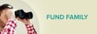 Fund family. Man observing with binoculars. Turquoise Text/word on beige background. Panorama