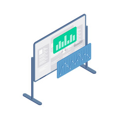 Poster - isometric symbol of whiteboard with charts and graphs