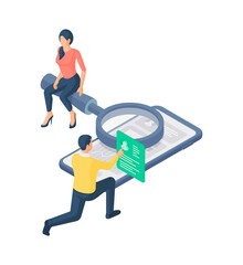 Poster - isometric cartoon business specialists researching online service