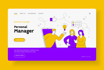 Poster - personal manager in online application home page banner. male character in smartphone offer idea of 