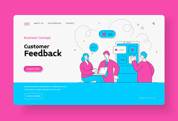 Poster - Online support and customer feedback landing page banner. Group characters is conducting web consultation.