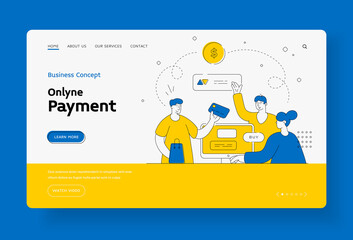 Poster - Online payment app concept home page template. Character buy goods from online store pay with web credit card.