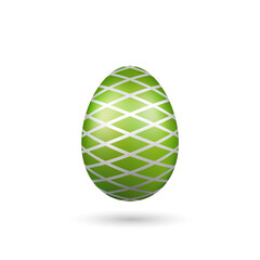 Wall Mural - Easter egg 3D icon. Green color egg, isolated white background. Bright realistic design, decoration for Happy Easter celebration. Holiday element. Shiny pattern. Spring symbol. Vector illustration