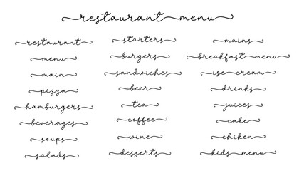 MENU. Restaraunt menu items set. Continuous calligraphy line script menu words. Lettering typography vector design. Hand drawn modern cursive font text for dinner food menu.