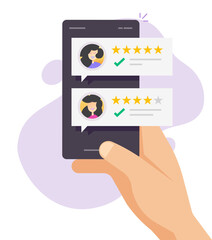 Poster - Customer reviews online testimonials and feedback on mobile phone smartphone person had vector flat design, happy client man evaluation asses comment messages with good rating five stars