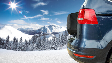 Poster - Winter car and landscape of mountains 