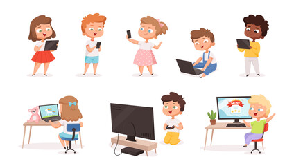 Sticker - Kids using gadgets. Tablet pc smartphone laptop for children education processes future technology distance learning vector set. Illustration laptop and computer, child characters with technology