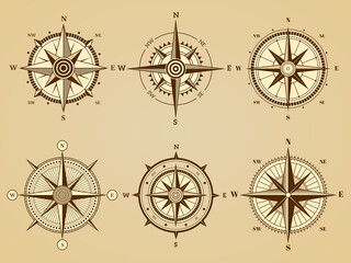 Sticker - Wind rose. Nautical marine travel symbols for ancient ocean navigation map vector retro symbols. Illustration west and south, north and east direct