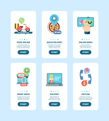 Poster - Order food onboard banner. Smartphone landing pages templates business delivery food from restaurant cuisine vector app design. Banner mobile online, delivery package fast food illustration